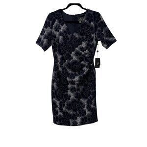 ADRIANNA PAPELL DRESS EMBROIDERED FLORAL NAVY BLUE SIDE RUCHED ELEGANT SZ 6 NEW
